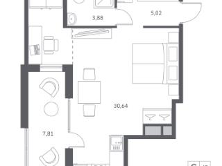 Студия, 43.31 м², 6/12 этаж